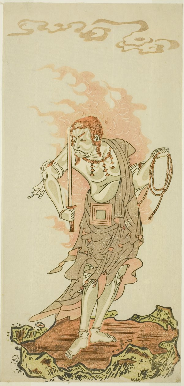 O ator Ichikawa Danjuro V como a divindade budista Fudo na cena final da primeira parte da peça Fuki Kaete Tsuki mo Yoshiwara (Rethatched Roof: The Moon also Shines Over the Yoshiwara Pleasure District), apresentada no Teatro Morita da Primeira de Katsukawa Shunsho