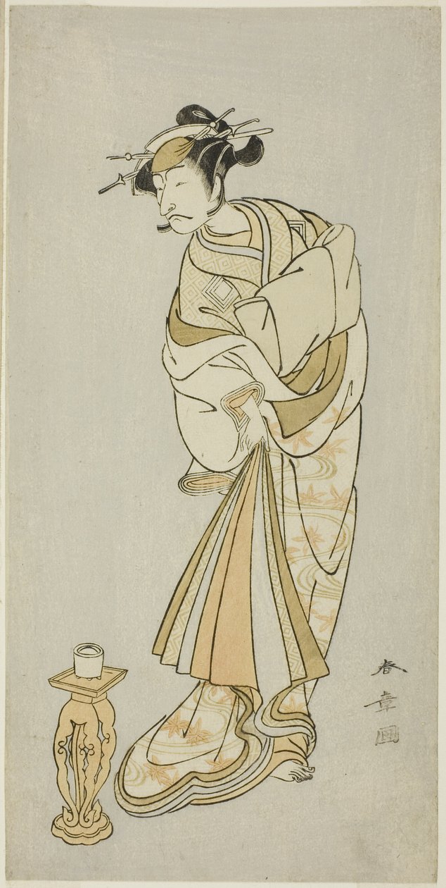 O Ator Ichikawa Danjuro V como o Espírito de Monk Seigen na Sequência de Dança Shosagoto "Sono Utsushi-e Matsu ni Kaede" (A Shadow-Picture of Pine and Maple), a Última Cena da Parte Dois da Peça Keisei Momiji no Uchikake ( Cortesã em um sobre-quimono de de Katsukawa Shunsho