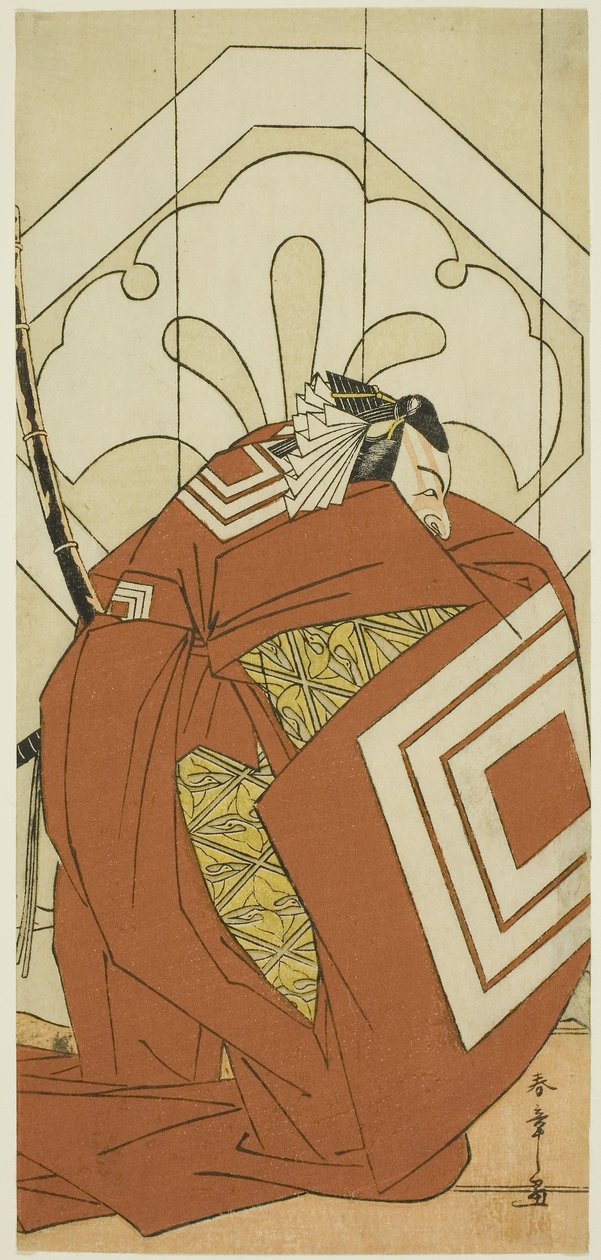 O ator Ichikawa Danjuro V num papel de "Shibaraku", provavelmente como Kato Hyoeisa Shigemitsu, na terceira cena da peça Masakado Kammuri no Hatsuyuki (A primeira neve no toucado da corte de Taira no Masakado), representada no Teatro Nakamura na décima pri de Katsukawa Shunsho
