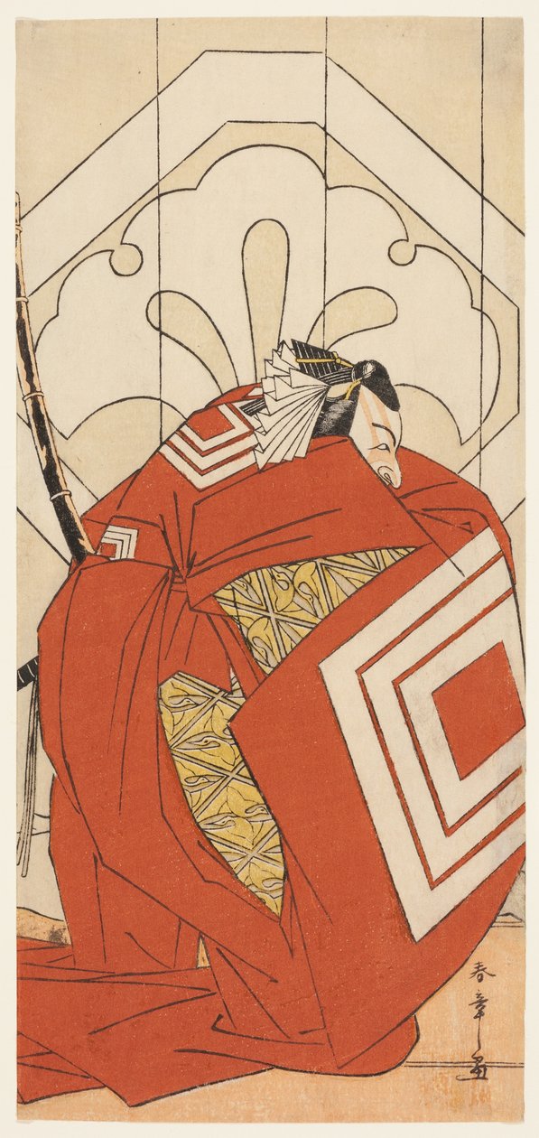 O ator Ichikawa Danjuro V num papel de "Shibaraku", provavelmente como Kato Hyoeisa Shigemitsu, na terceira cena da peça Masakado Kammuri no Hatsuyuki (A primeira neve no toucado da corte de Taira no Masakado), representada no Teatro Nakamura na décima pri de Katsukawa Shunsho