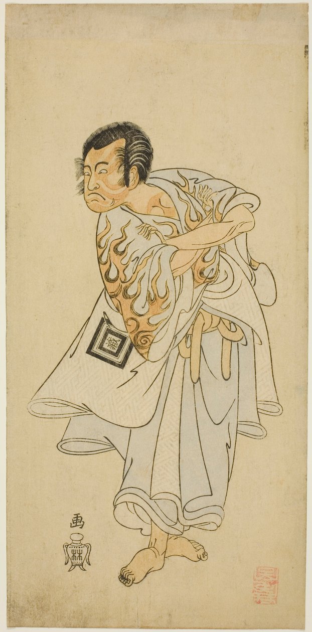 O ator Ichikawa Danzo III como o santo eremita Narukami na peça "Narukami", realizada com "Miyakodori Azuma Komachi (Pássaro da Capital: Komachi do Oriente)" no Teatro Morita no terceiro mês de 1768 de Katsukawa Shunsho