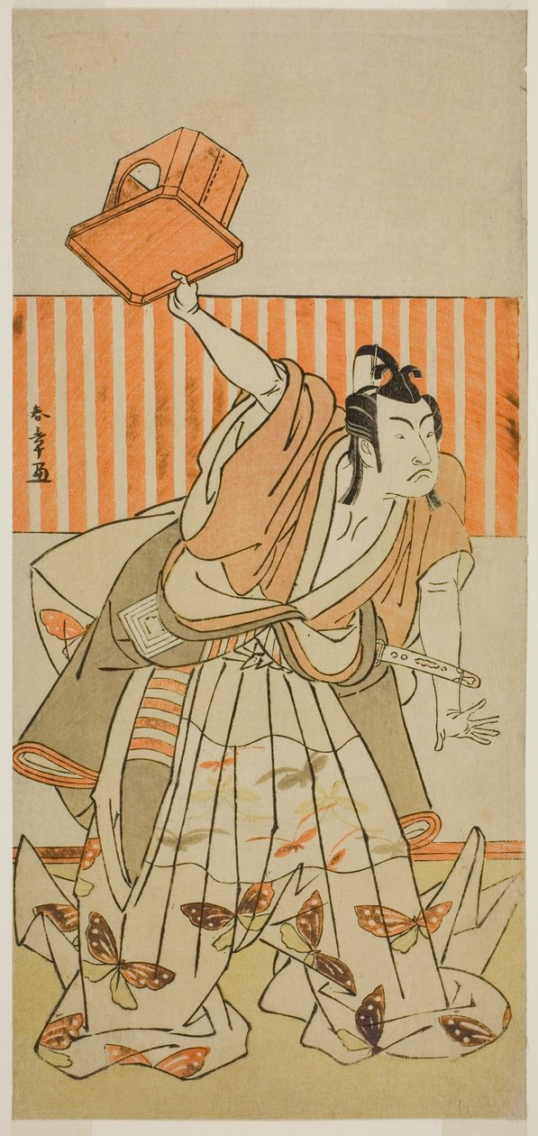 O ator Ichikawa Monnosuke II como Ageha no Chokichi disfarçado de Soga no Goro Tokimune na peça Kaido Ichi Yawaragi Soga, apresentada no Teatro Nakamura no terceiro mês de 1778 de Katsukawa Shunsho