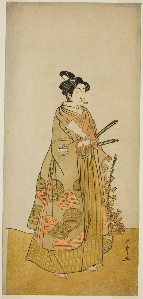 O ator Ichikawa Monnosuke II como Kichisaburo, Pajem do Templo de Kichijo-ji, na peça Sono Kyodai Fuji no Sugatami, apresentada no Teatro Morita no segundo mês, 1776 de Katsukawa Shunsho