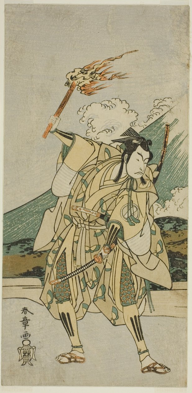 O Ator Ichikawa Monnosuke II como Soga no Goro Tokimune na Peça Haru wa Soga Akebono-zoshi (?), Realizada no Teatro Nakamura (?) no Primeiro Mês, 1772 (?) de Katsukawa Shunsho