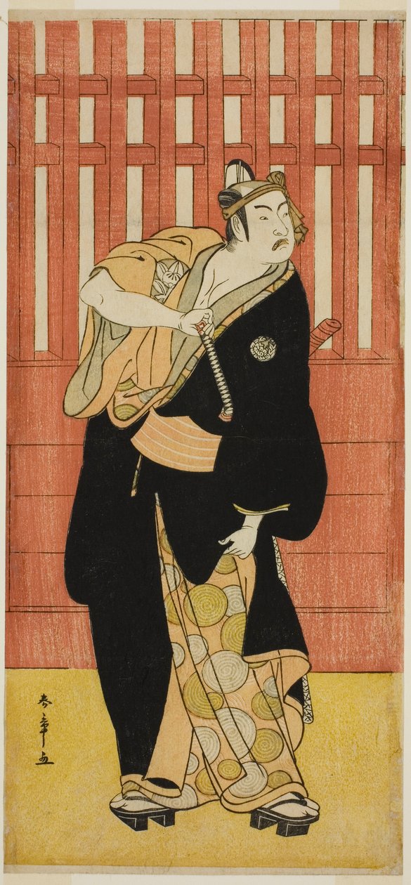 O Ator Ichimura Uzaemon IX como Soga no Goro Tokimune Disfarçado de Agemaki no Sukeroku na Peça Sukeroku Yukari no Edo-zakura, encenada no Teatro Ichimura no Quinto Mês de 1782 de Katsukawa Shunsho