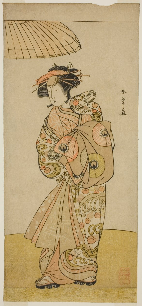 O ator Ikushima Daikichi III como a cortesã Naniwazu na peça Saki Masuya Ume no Kachidoki, apresentada no Teatro Ichimura no décimo primeiro mês de 1777 de Katsukawa Shunsho