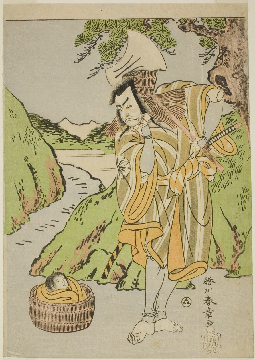 O Ator Matsumoto Koshiro II como Osada no Taro Kagemune Disfarçado de Lenhador Gankutsu no Gorozo, no Ato Quatro (?) da Peça Nue no Mori Ichiyo no Mato (Floresta do Monstro Nue: Alvo do Décimo Primeiro Mês), Realizada no Teatro Nakamura para de Katsukawa Shunsho