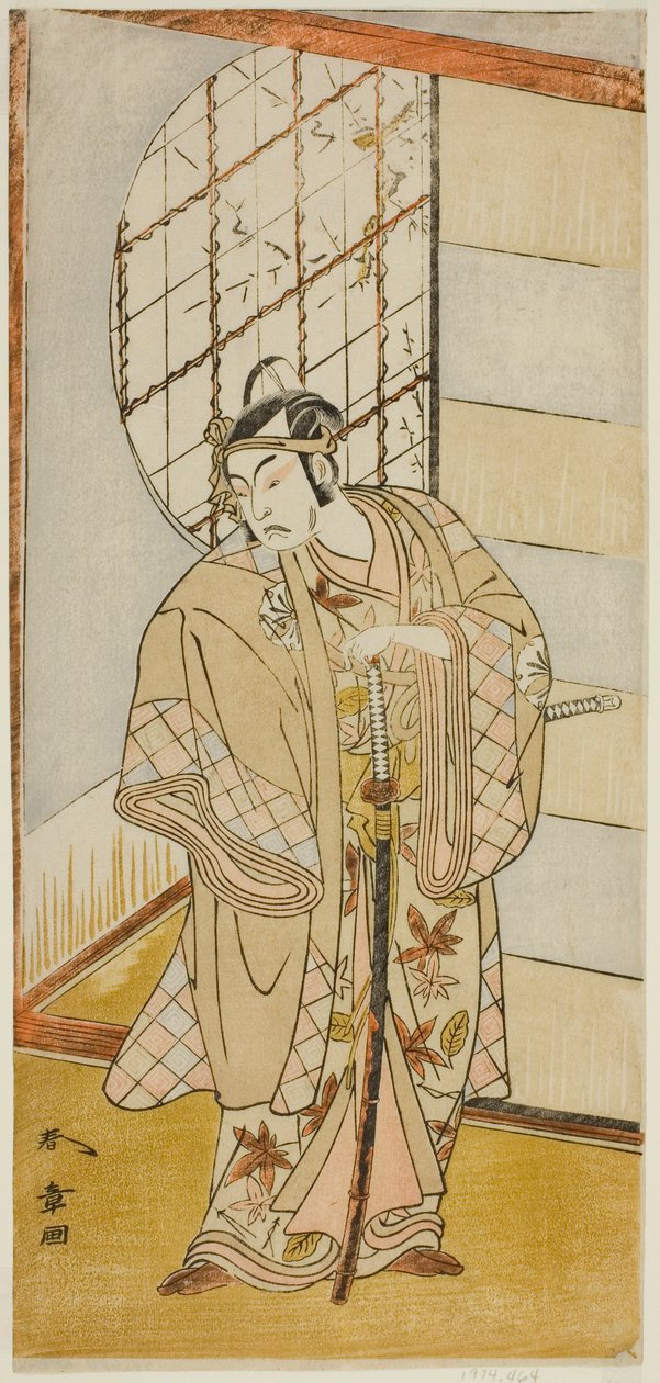 O ator Matsumoto Koshiro IV como Matsuo-maru na peça Sugawara Denju Tenarai Kagami, realizada no Teatro Nakamura no nono mês de 1773 de Katsukawa Shunsho