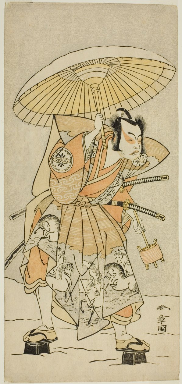 O ator Nakamura Juzo II como Kajiwara Genta Kagetoki na peça Izu-goyomi Shibai no Ganjitsu, apresentada no Teatro Morita no décimo primeiro mês, 1772 de Katsukawa Shunsho