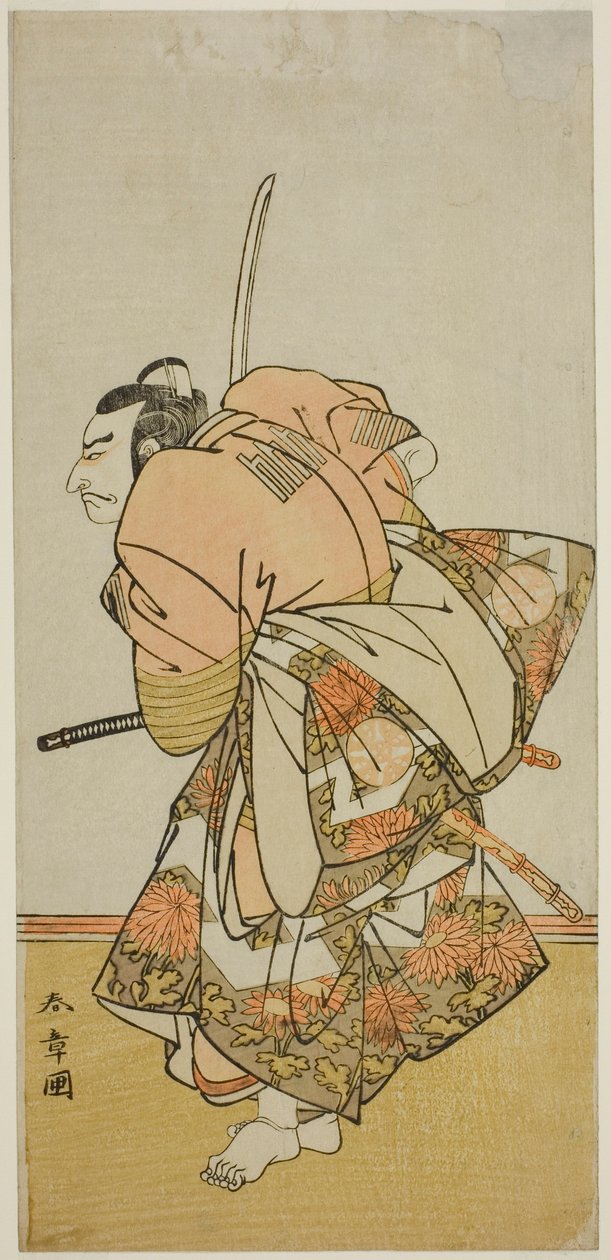 O ator Nakamura Nakazo I como Chinzei Hachiro Tametomo na peça Hana-zumo Genji Hiiki, realizada no Teatro Nakamura no décimo primeiro mês, 1775 de Katsukawa Shunsho