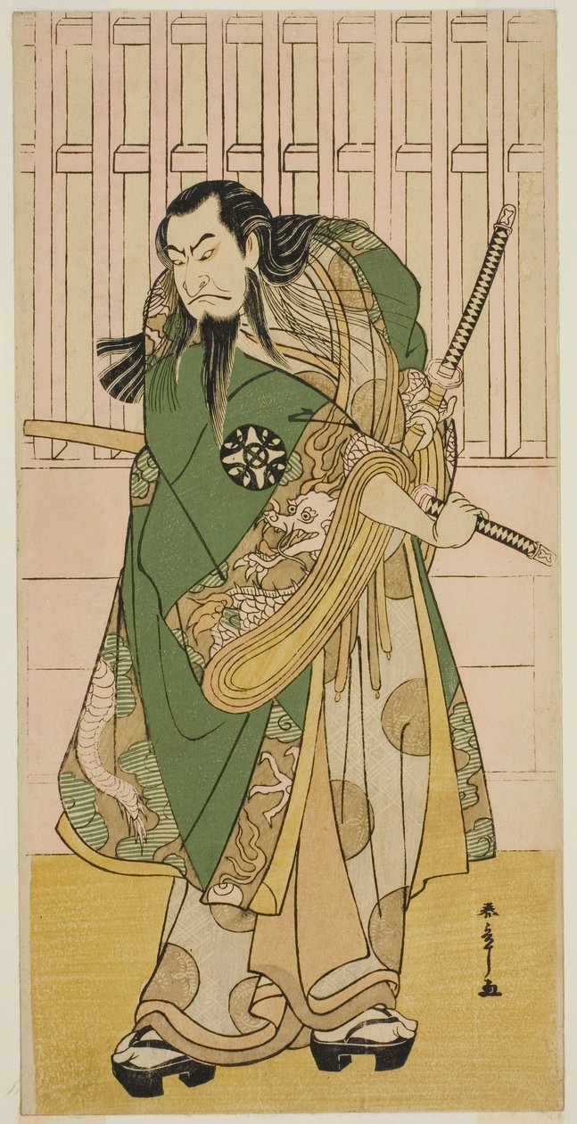 O ator Nakamura Nakazo I como Hige no Ikyu na peça Nanakusa Yosooi Soga, apresentada no Teatro Nakamura no Quinto Mês, 1782 de Katsukawa Shunsho