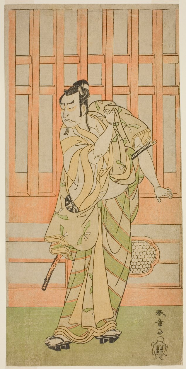 O Ator Nakamura Nakazo I como Kudo Saemon Suketsune (?) na Peça Sakai-cho Soga Nendaiki (?), Apresentada no Teatro Nakamura (?) no Primeiro Mês, 1771 (?) de Katsukawa Shunsho