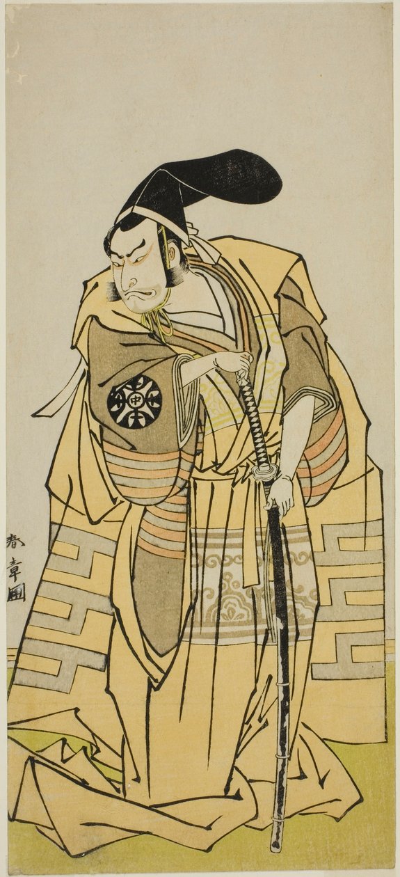 A peça Iro Moyo Aoyagi Soga (?) é apresentada no Teatro Nakamura no segundo mês de 1775 (?) de Katsukawa Shunsho