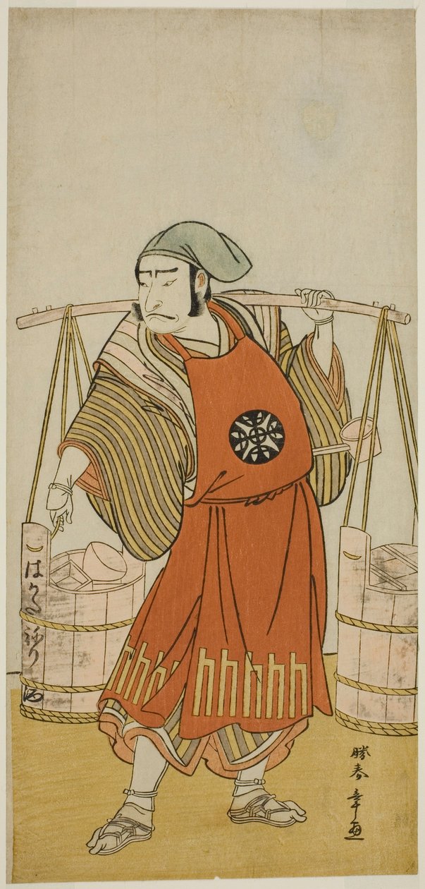 O ator Nakamura Nakazo I como Nagasaki Kageyuzaemon disfarçado de Gorohachi, o vendedor de saquê, na peça Hikitsurete Yagoe Taiheiki, apresentada no Teatro Morita no décimo primeiro mês de 1776 de Katsukawa Shunsho