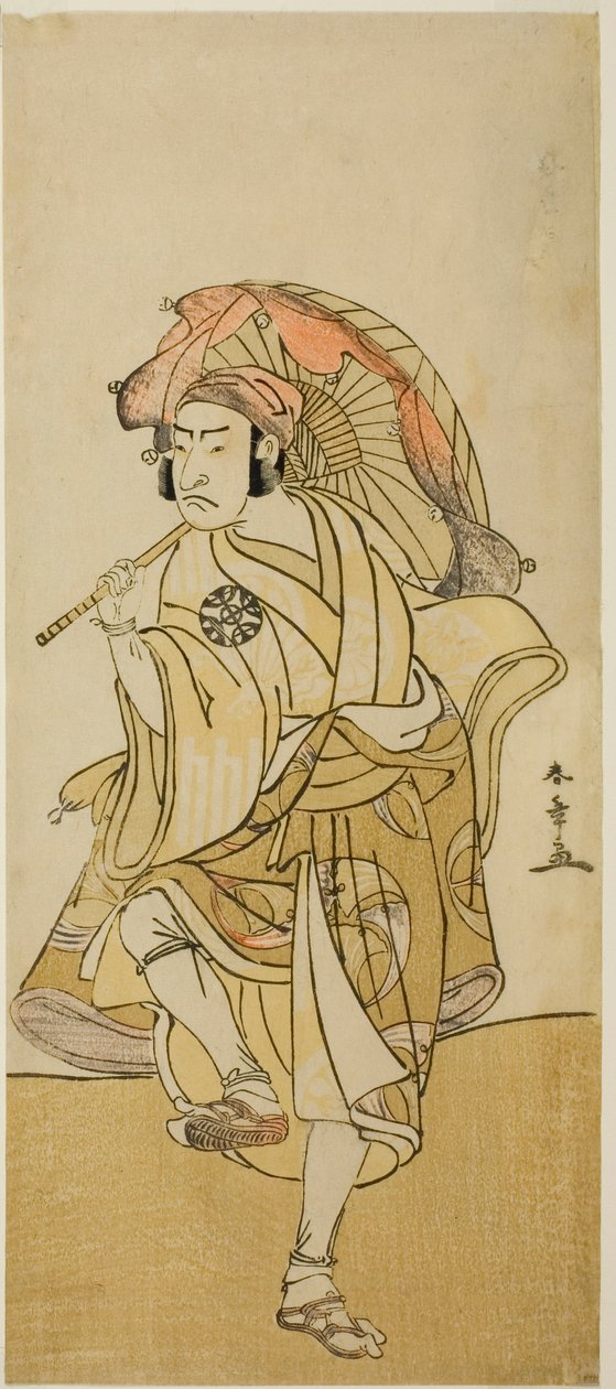 O ator Nakamura Nakazo I como Onmaya Kisanda disfarçado como o dançarino do leão Kakubei na peça Chigo Torii Tobiiri Kitsune, apresentada no Teatro Ichimura no décimo primeiro mês de 1777 de Katsukawa Shunsho