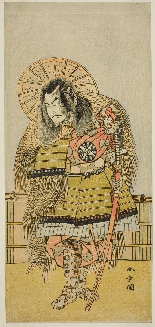 Nakamura Nakazo I como Takechi Jubei Mitsuhide na peça Shusse Taiheiki, apresentada no Teatro Nakamura no Oitavo Mês, de Katsukawa Shunsho