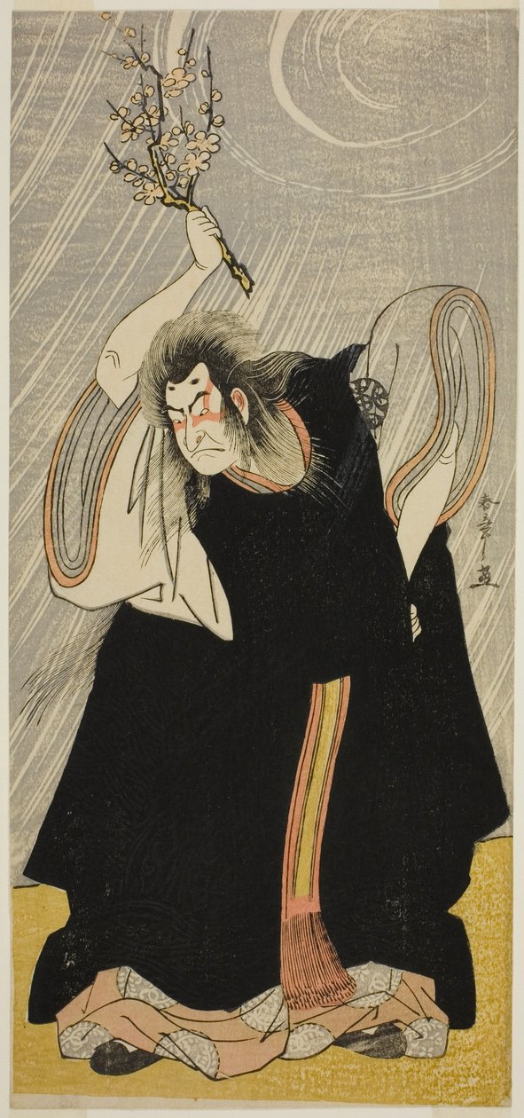 O ator Nakamura Nakazo I como o deus do trovão, uma encarnação de Kan Shojo, na peça Sugawara Denju Tenarai Kagami, apresentada no Teatro Morita no terceiro mês, 1780 de Katsukawa Shunsho