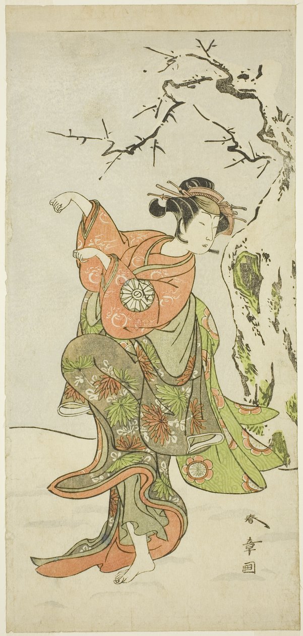 O Ator Nakamura Noshio I como a Mulher-Raposa de Furui, em Sequência de Dança (Shosagoto) na Parte Dois da Peça Izu-goyomi Shibai no Ganjitsu (Primeira Performance do Calendário Izu), apresentada no Teatro Morita desde o Primeiro Dia do décimo primeiro seg de Katsukawa Shunsho