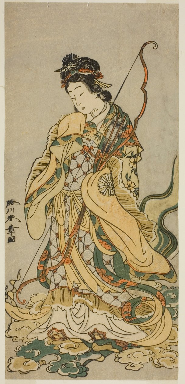 O ator Nakamura Noshio I como a Deusa Benzaiten de Enoshima na peça Onno Aruji Hatsuyuki no Sekai, apresentada no Teatro Morita no décimo primeiro mês, 1773 de Katsukawa Shunsho