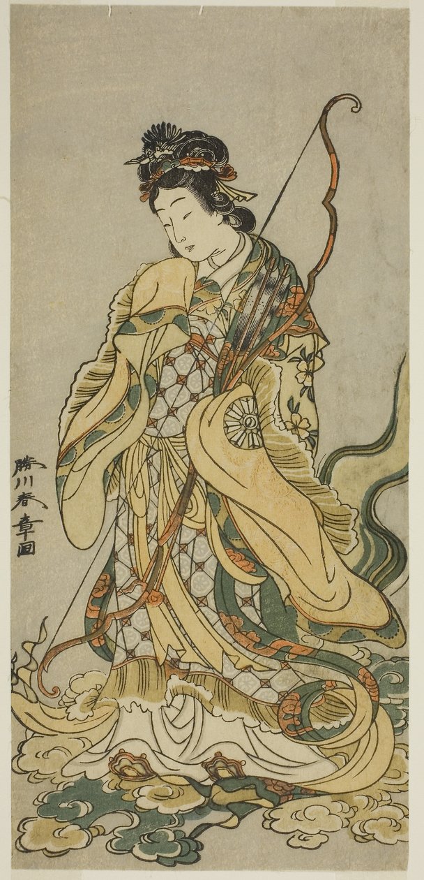 O ator Nakamura Noshio I como a Deusa Benzaiten de Enoshima na peça Onno Aruji Hatsuyuki no Sekai, representada no Teatro Morita no décimo primeiro mês, c.1773 (xilogravura a cores; hosoban) de Katsukawa Shunsho