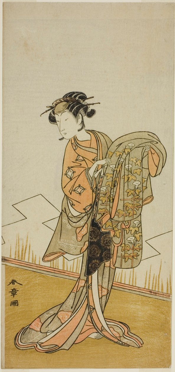 O ator Nakamura Riko I como a cortesã Wakamatsu (?) na peça Gohiiki Kanjincho (?), encenada no Teatro Nakamura (?) no décimo primeiro mês, 1773 (?) de Katsukawa Shunsho