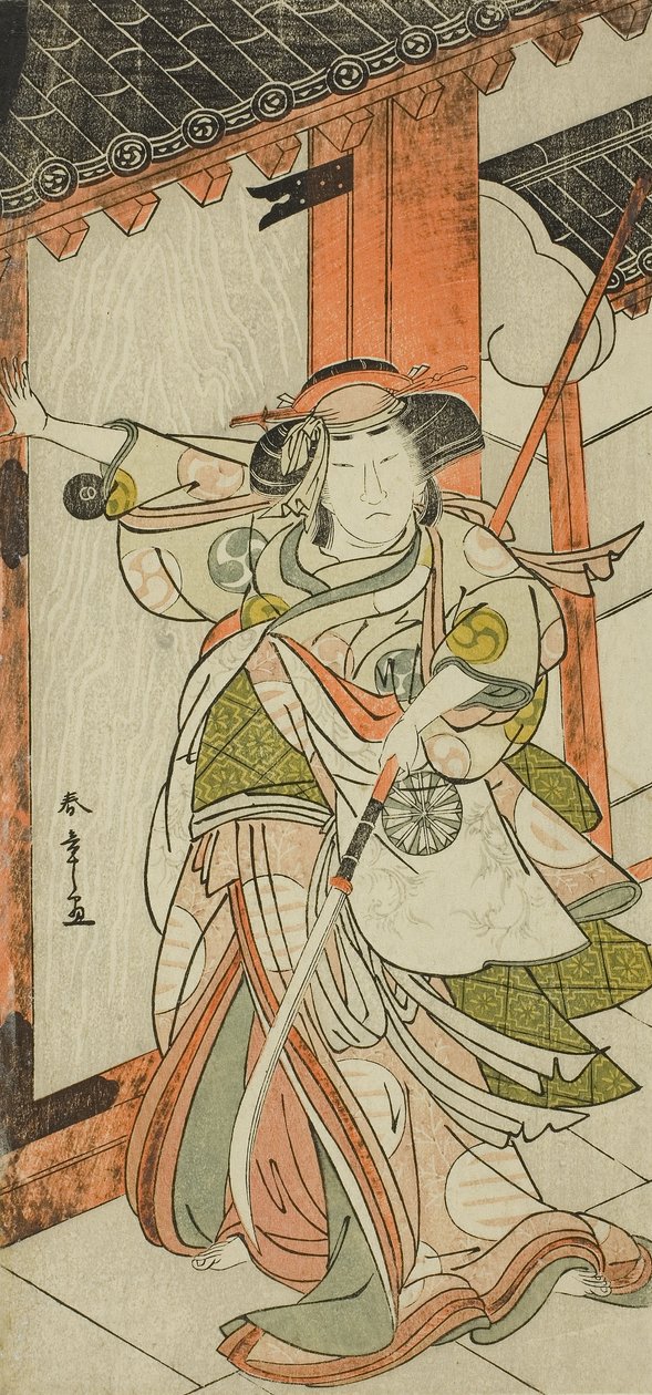 O ator Nakamura Tomijuro I como Hangaku Gozen arrombando o portão na peça Wada-gassen Onna Maizuru (O conflito de Wada: Maizuru de uma mulher), apresentada no Teatro Nakamura a partir do vigésimo quinto dia do sétimo mês de Katsukawa Shunsho