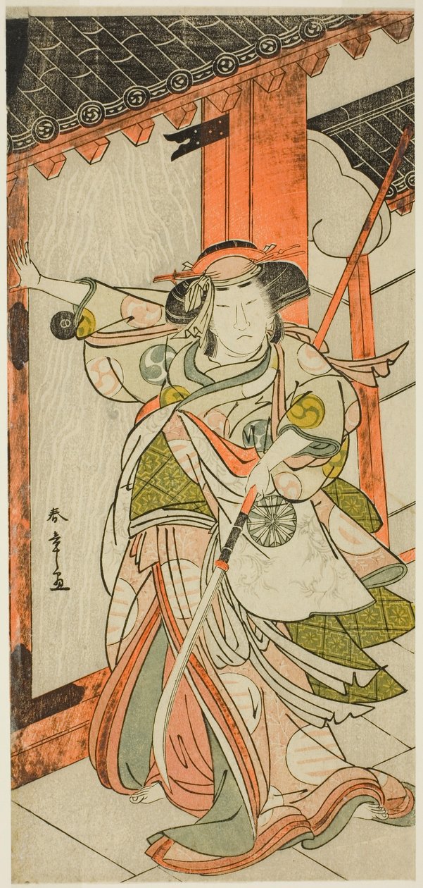 O ator Nakamura Tomijuro I como Hangaku Gozen a derrubar o portão na peça Wada-gassen Onna Maizuru (O conflito de Wada: o "Maizuru" de uma mulher), representada no Teatro Nakamura a partir do vigésimo quinto dia do sétimo mês de 1777 de Katsukawa Shunsho