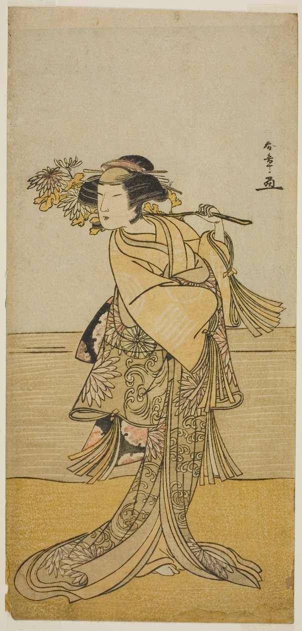 O ator Nakamura Tomijuro I como uma raposa feminina de Mt. Ubagadake na peça Chigo Torii Tobiiri Kitsune, apresentada no Teatro Ichimura no décimo primeiro mês, 1777 de Katsukawa Shunsho