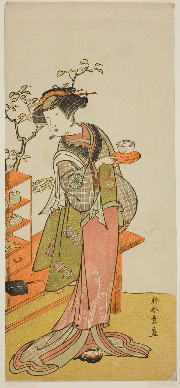 O ator Nakamura Tomijuro I como a garçonete Otake na peça Chigo Suzuri Aoyagi Soga, apresentada no Teatro Nakamura no primeiro mês, 1777 de Katsukawa Shunsho