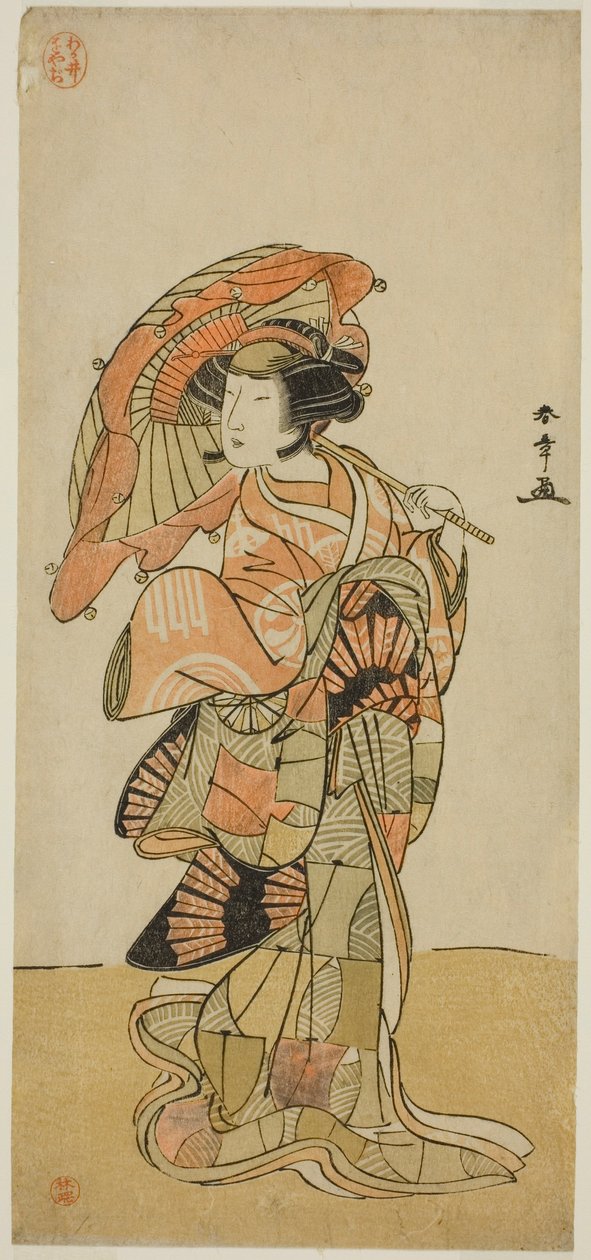O ator Nakamura Tomijuro I como a raposa fêmea do Monte Ubagadake na peça "Chigo Torii Tobiiri Kitsune", apresentada no Teatro Ichimura no décimo primeiro mês de 1777 de Katsukawa Shunsho