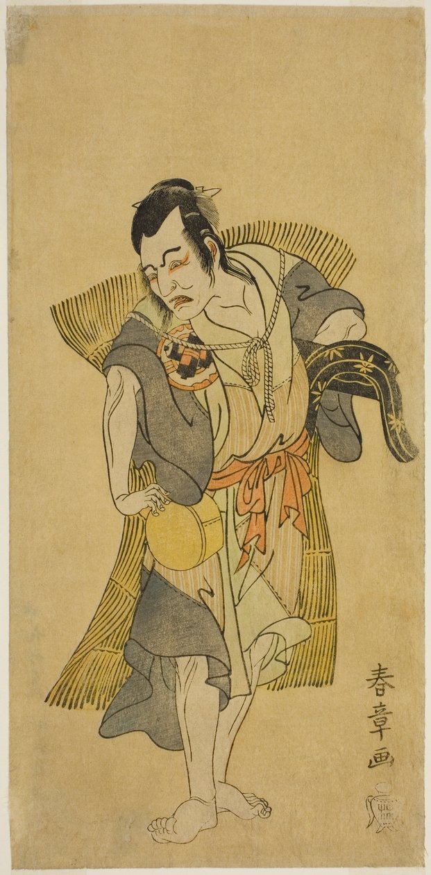 O ator Nakamura Utaemon I como Kudo Suketsune disfarçado de mendigo na peça Soga Moyo Aigo no Wakamatsu, apresentada no Teatro Nakamura no primeiro mês, 1769 de Katsukawa Shunsho