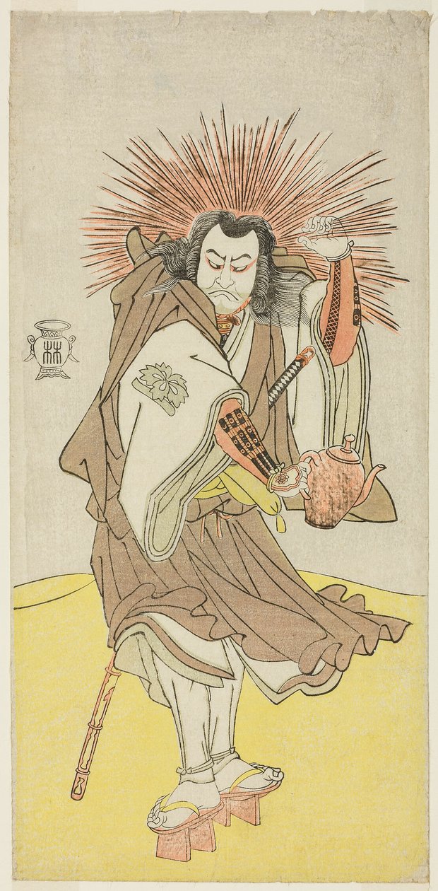 O ator Nakayama Kojuro VI interpreta Osada no Taro Kagemune (na realidade Hatcho Tsubute no Kiheiji), na pele de um acendedor de lampiões do Santuário de Gion, no terceiro ato da primeira parte da peça Yukimotsu Take Furisode Genji (Bambu coberto de neve:  de Katsukawa Shunsho