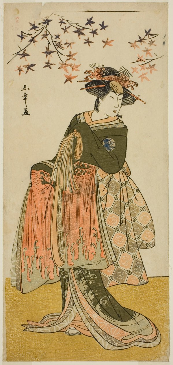 O Ator Nakayama Tomisaburo I como a Gueixa Yukino (ou Oyuki?) na Peça Kabuki no Hana Bandai Soga, Realizada no Teatro Ichimura no Quarto Mês, 1781 de Katsukawa Shunsho