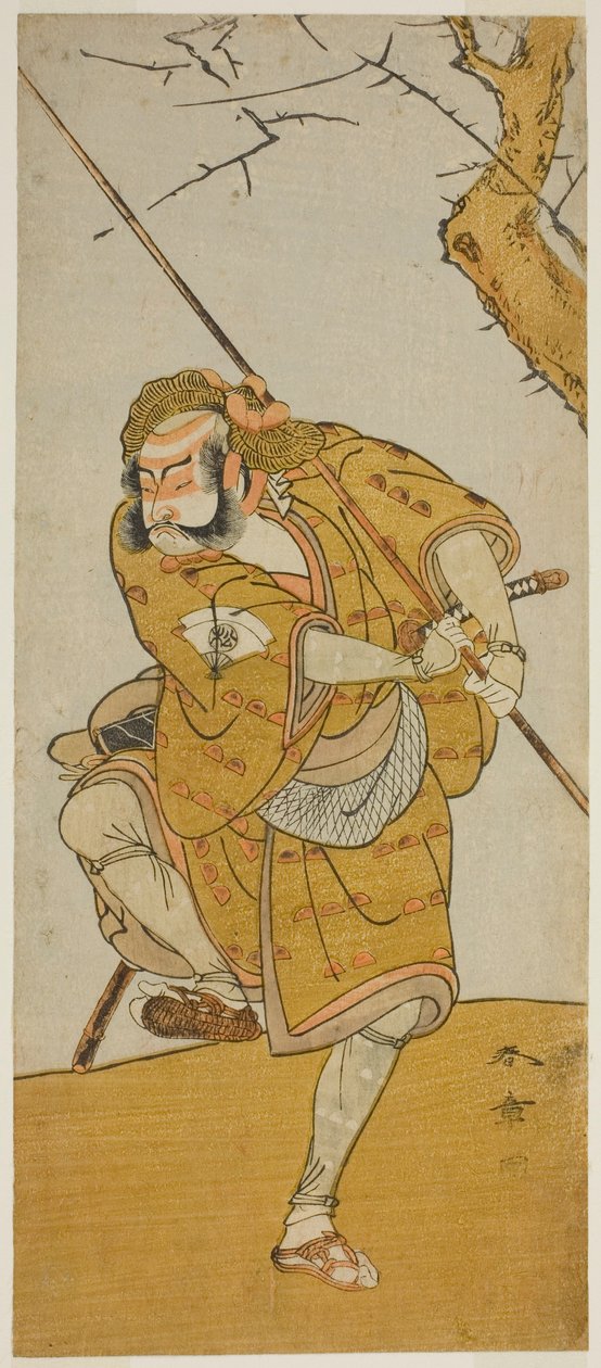 O ator Onoe Matsusuke I como Kobayashi no Asahina disfarçado de caçador de pássaros na peça Edo no Haru Meisho Soga, apresentada no Teatro Ichimura no terceiro mês de 1773 de Katsukawa Shunsho
