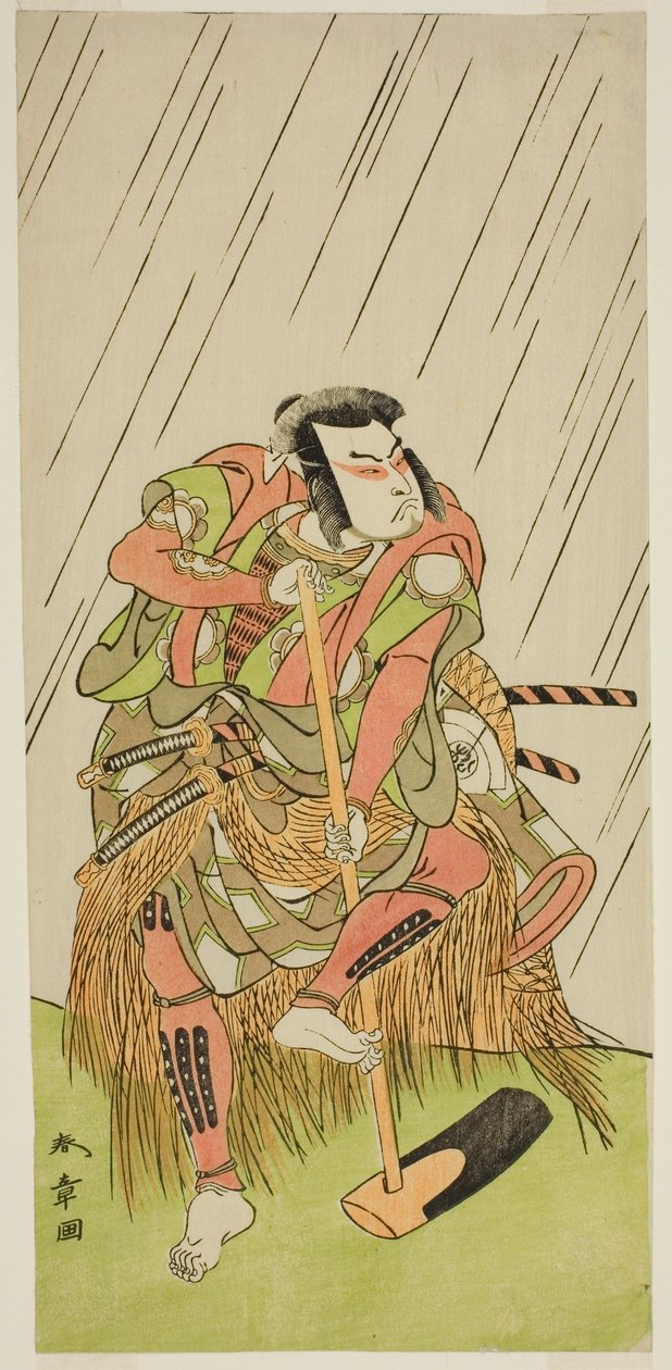 O ator Onoe Matsusuke I como Nakaomi Katsumi disfarçado de fazendeiro Datta no Nizo, na peça Shitenno-ji Nobori Kuyo, apresentada no Teatro Ichimura no oitavo mês de 1773 de Katsukawa Shunsho
