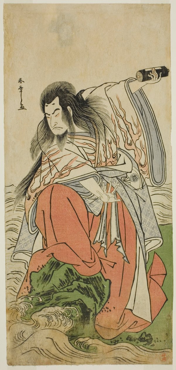 O ator Onoe Matsusuke I como imperador aposentado Sutoku na peça Kitekaeru Nishiki no Wakayaka, realizada no Teatro Nakamura no décimo primeiro mês de 1780 de Katsukawa Shunsho