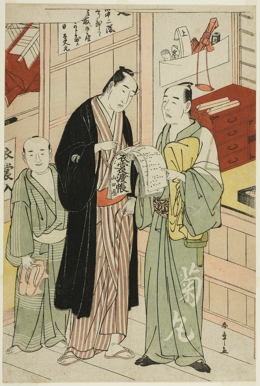 O ator Onoe Matsusuke I na sala do guarda-roupa de um teatro de Katsukawa Shunsho