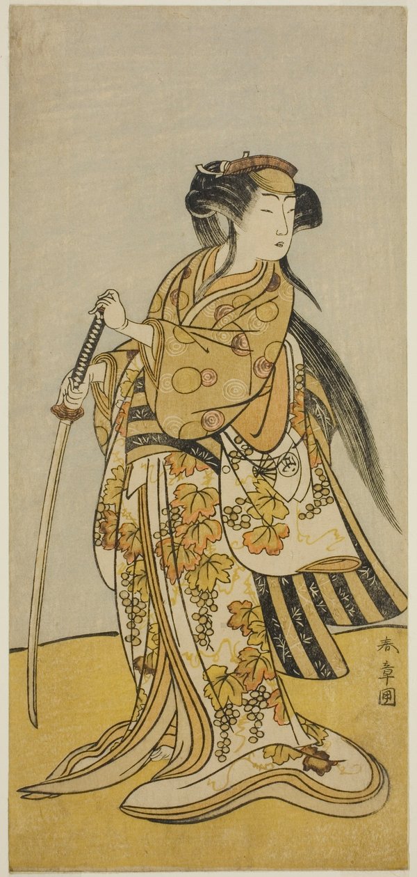 O Ator Onoe Tamizo I como Kureha (?) na Peça Shusse Taiheiki (?), Realizada no Teatro Nakamura (?) no Oitavo Mês, 1775 (?) de Katsukawa Shunsho