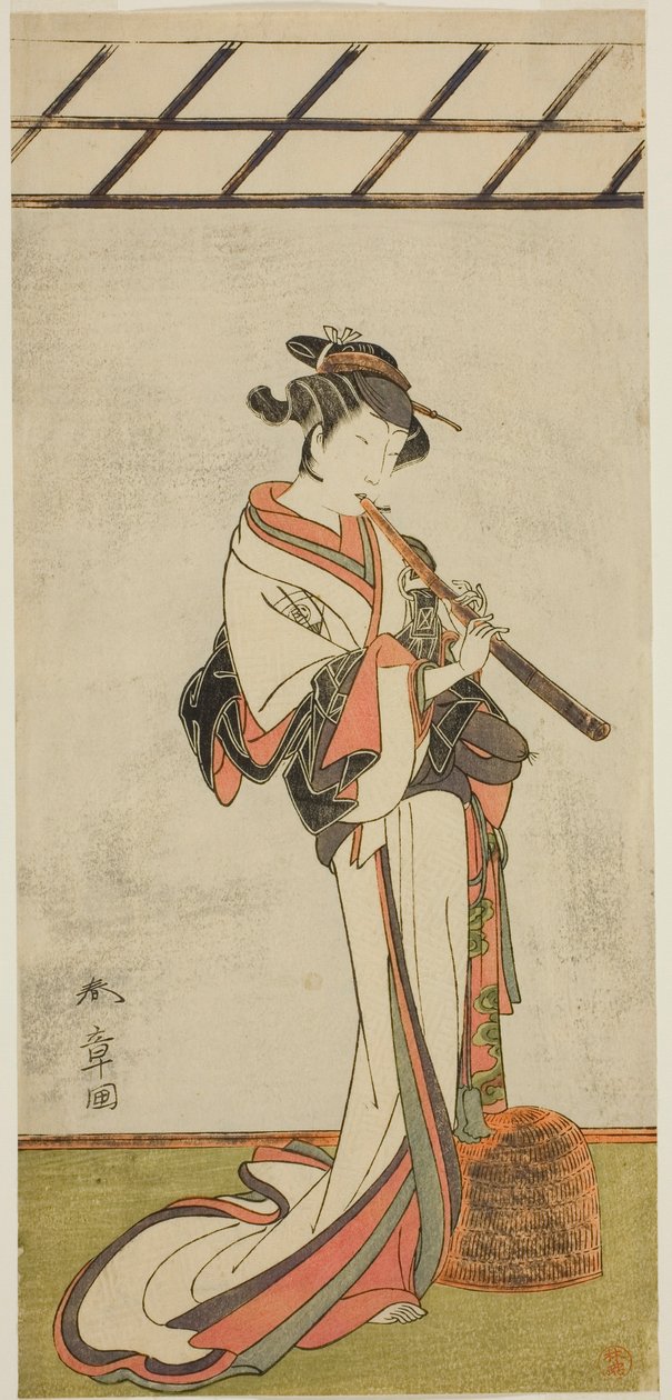 O Ator Onoe Tamizo I como Oiso no Tora ou Kewaizaka no Shosho, Disfarçado de Mulher Komusu (?), na Peça Yui Kanoko Date-zome Soga (?), encenada no Teatro Ichimura (?) no Primeiro Mês, 1774 (?) de Katsukawa Shunsho