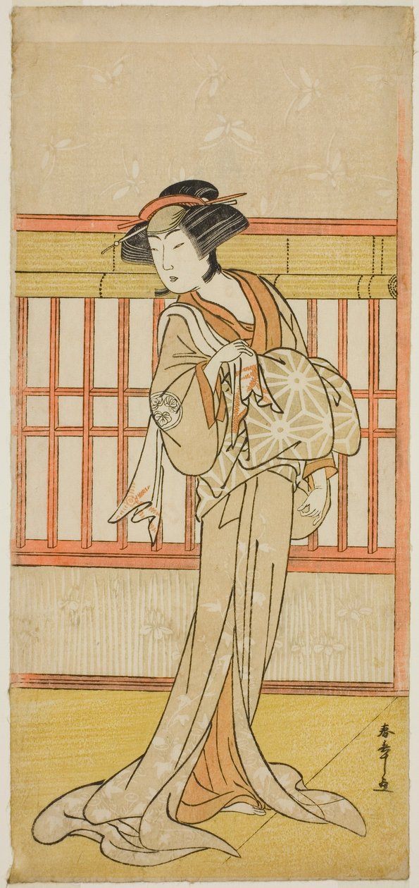 O ator Osagawa Tsuneyo II como a cortesã Miyagino (?) na peça Go Taiheiki Shiraishi-banashi (?), encenada no Teatro Morita no Quarto Mês, 1780 (?) de Katsukawa Shunsho