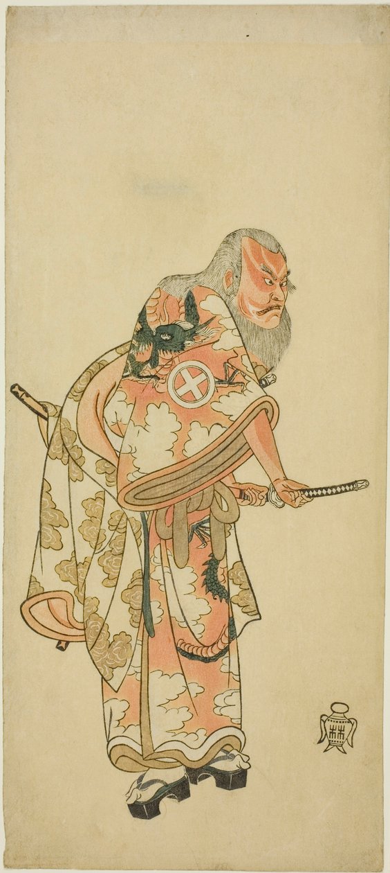 Ator Otani Hiroemon III como Hige no Ikyu na cena “Sukeroku” na peça “Hitokidori Harutsuge Soga” de Katsukawa Shunsho
