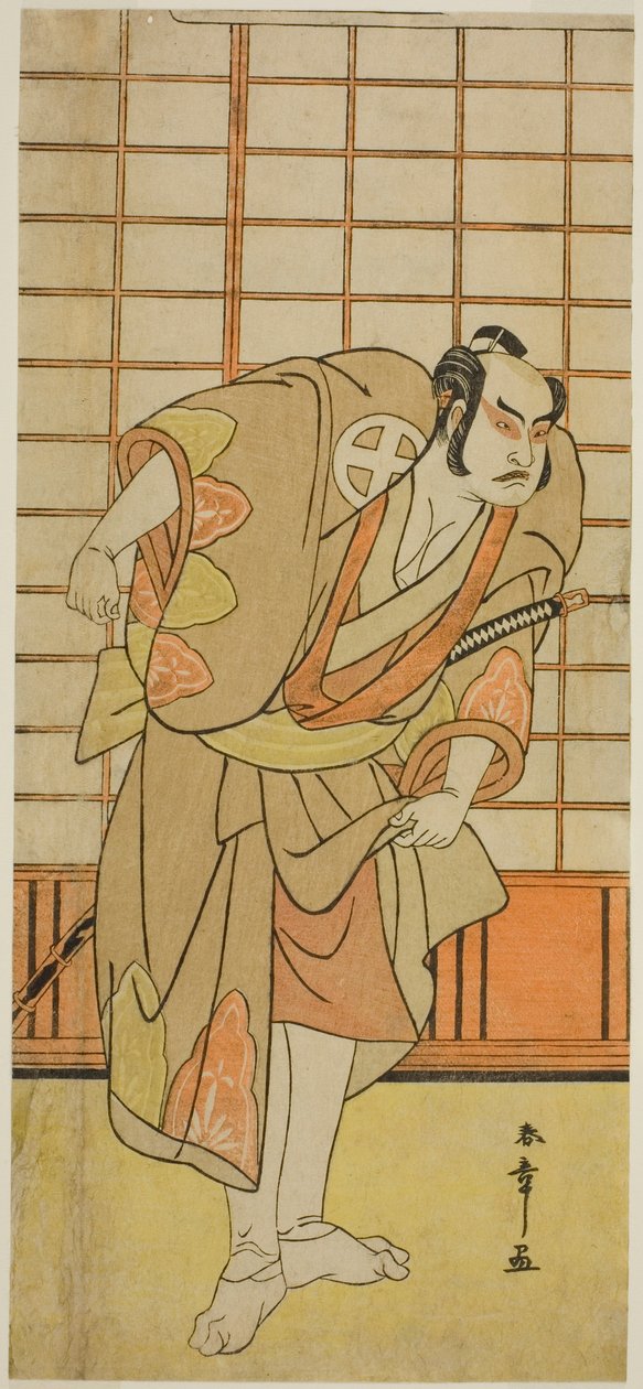 O ator Otani Hiroji III como Hata no Daizen Taketora disfarçado de Shikishima Wakahei na peça Juni-hitoe Komachi-zakura, representada no Teatro Kiri no décimo primeiro mês de 1784 de Katsukawa Shunsho