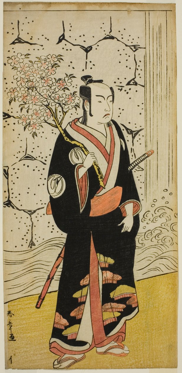 O ator Sawamura Sojuro III como Sonobe Zaemon na peça "Shin Usuyuki Monogatari", apresentada no Teatro Ichimura no oitavo mês de 1779 de Katsukawa Shunsho