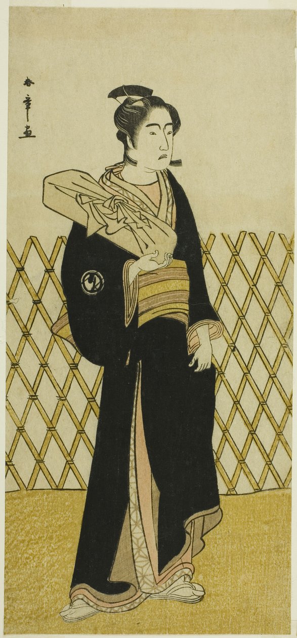 O ator Sawamura Sojuro III como o cabeleireiro Jirokichi na peça Shida Choja-bashira, apresentada no Teatro Nakamura no oitavo mês de 1781 de Katsukawa Shunsho