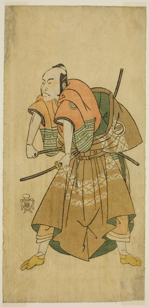 Sawamura Sojuro II como Omi no Kotoda (?) na Peça Shuen Soga Omugaeshi (?), apresentada no Teatro Ichimura (?) no Segundo Mês de 1768 (?) de Katsukawa Shunsho