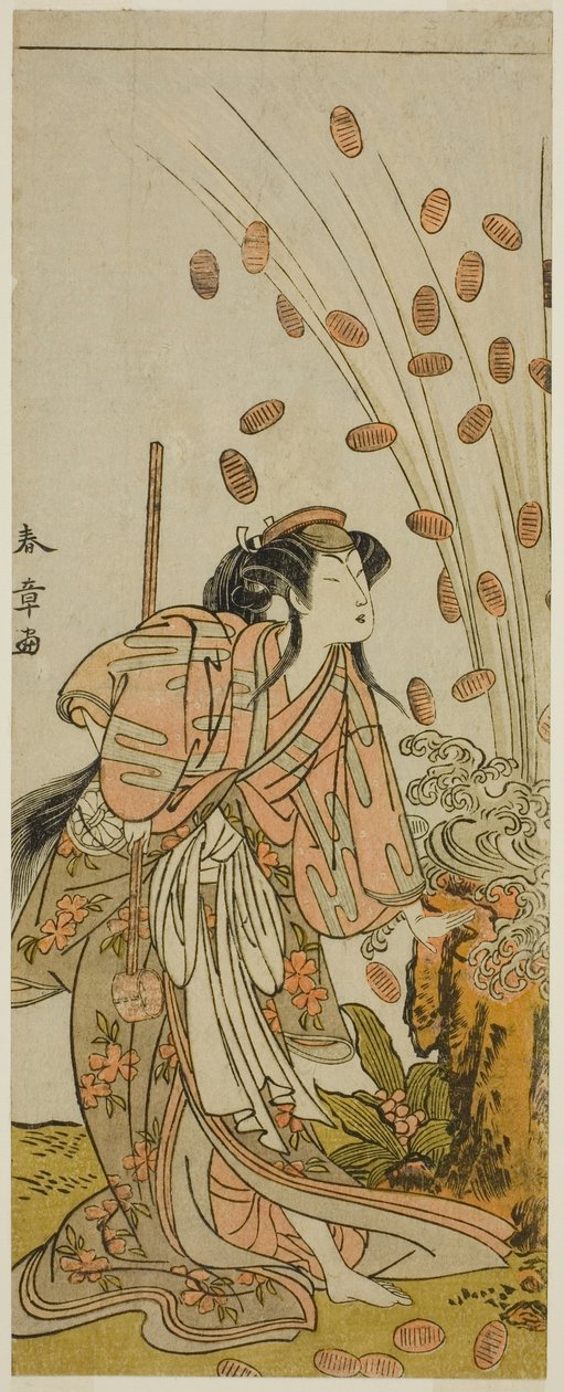 A Peça Kuruwa no Hana Katsuragi no Kane, apresentada no Teatro Ichimura no terceiro mês de de Katsukawa Shunsho