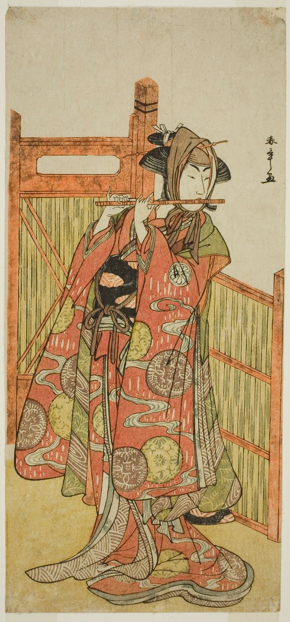 O ator Segawa Kikunojo III como Kojoro-gitsune disfarçado de florista Okiku na peça Mure Takamatsu Yuki no Shirahata, apresentada no Teatro Ichimura no décimo primeiro mês de 1780 de Katsukawa Shunsho
