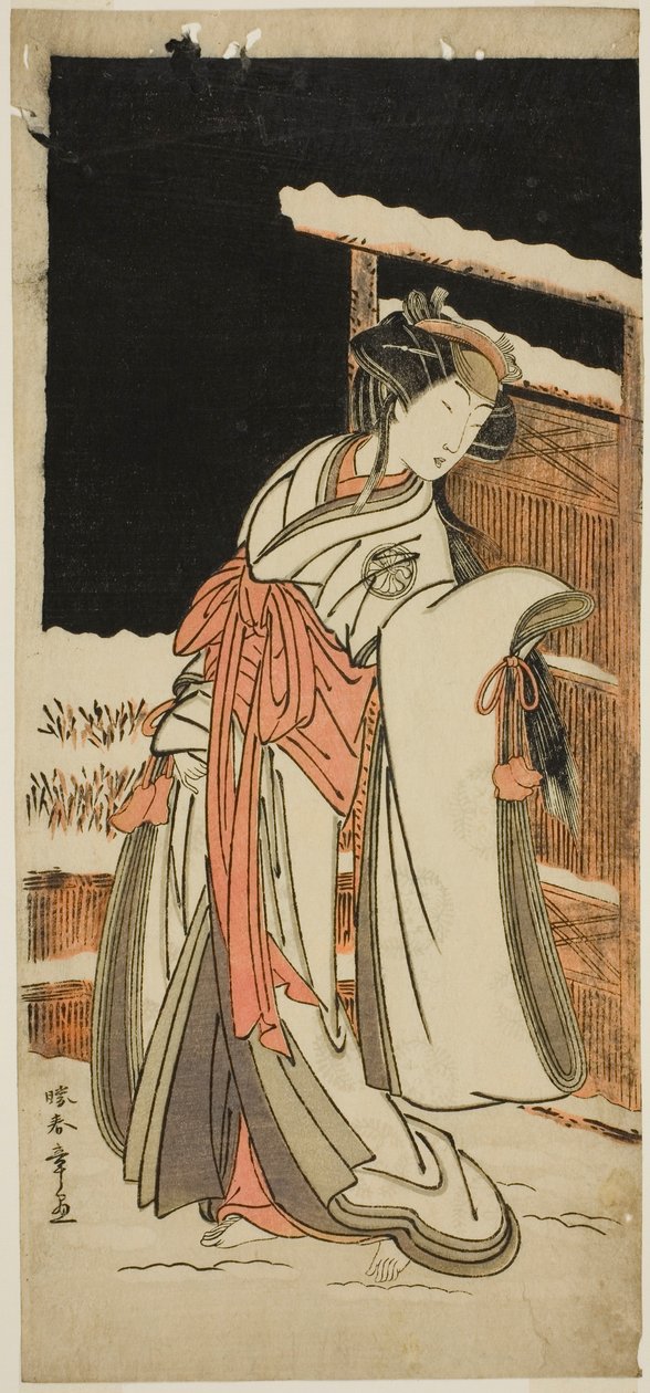 O ator Segawa Kikunojo III como Lady Shizuka (Shizkua Gozen) disfarçado de Tamazusa na peça Chigo Torii Tobiiri Kitsune, apresentada no Teatro Ichimura no décimo primeiro mês de 1777 de Katsukawa Shunsho