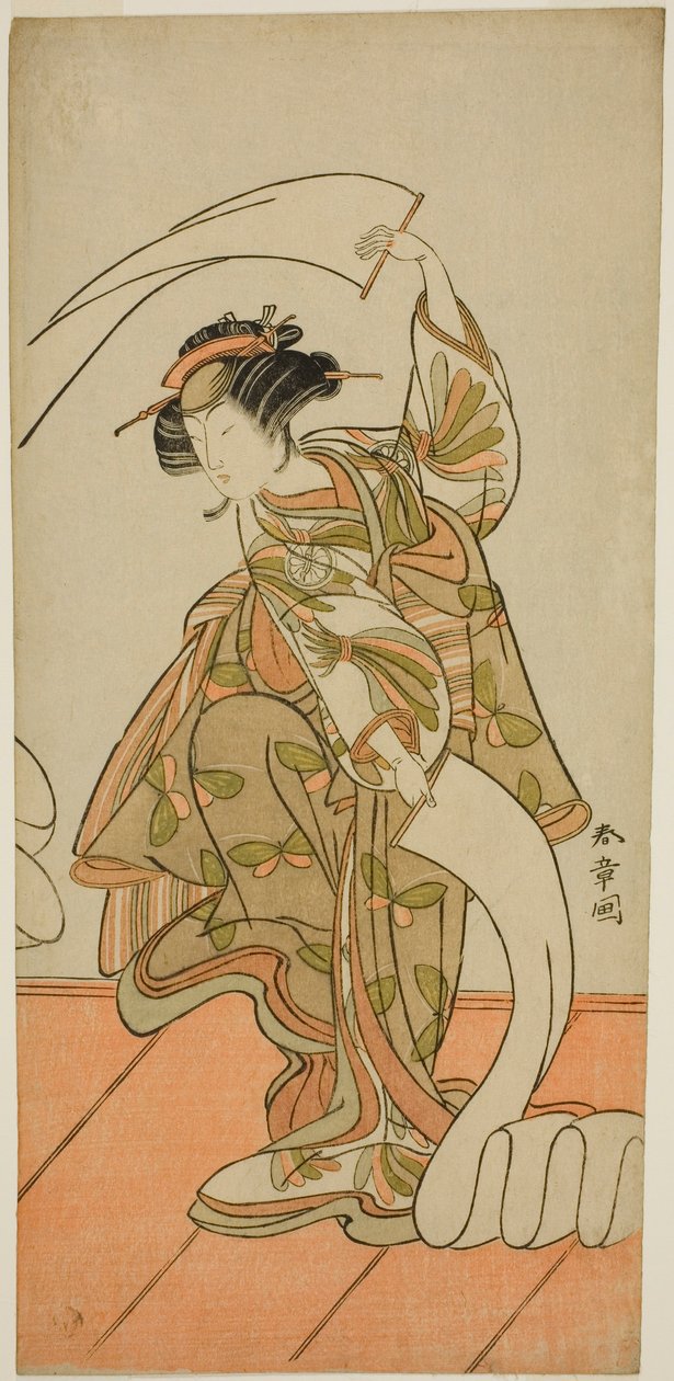 O Ator Segawa Kikunojo III como a Cortesã Kisegawa em uma Dança "Nuno Sarashi", na Peça Hana-zumo Genji Hiiki, Realizada no Teatro Nakamura no Décimo Primeiro Mês, 1775 de Katsukawa Shunsho