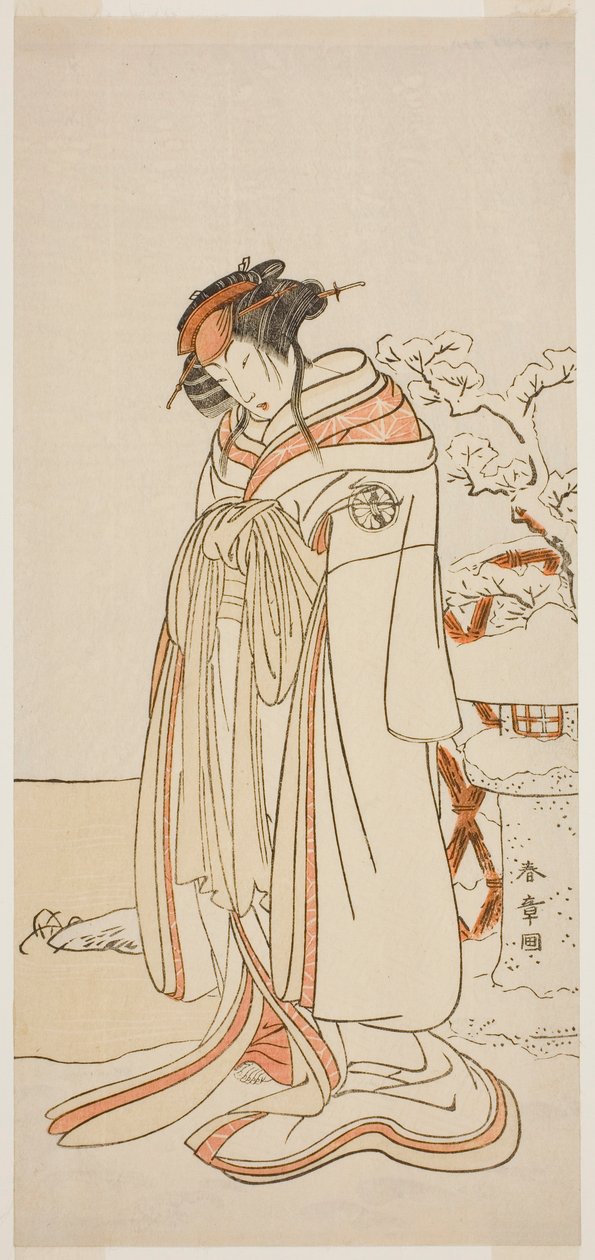 O ator Segawa Kikunojo III como a cortesã Kisewata (Tagasode) (?) na peça Hana-zumo Genji Hiiki (?), encenada no Teatro Nakamura (?) no décimo primeiro mês, 1775 (?) de Katsukawa Shunsho